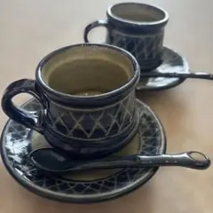 紺色陶器カップ2個セット