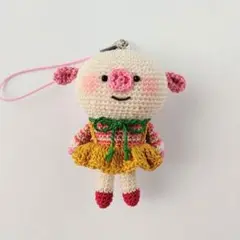 【手作り】あみぐるみ ブタちゃん ストラップ、No.34
