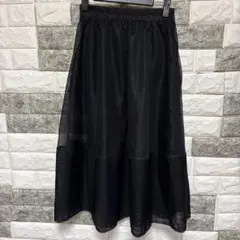 美品【WASH】メッシュ フレアロングスカート F黒ブラックW総ゴムシンプル