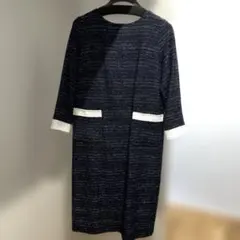 上品 ツイード風 ワンピース ネイビー×ホワイト きれいめ 膝丈 フォーマル