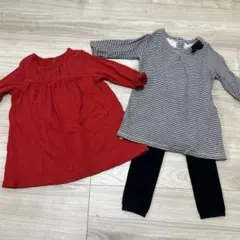 プチバトー　赤い水玉ワンピースとストライプのワンピースセット