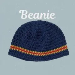 【ハンドメイド】手編み ビーニー ニット帽 ネイビー トリコロール ゆったりのサムネイル