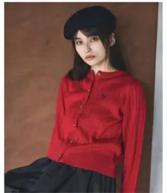 エンブロイダリーケーブルニットカーディガン　レッド　ノスタルジア