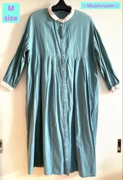 Mushroom 青色 ボタン付き シャツワンピース