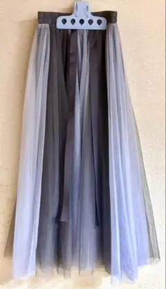 【匿名配送】バイカラーチュールスカート ロング丈 レース グレー×ブルー F