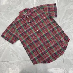 Miki House チェックシャツ 半袖 レッド グリーン ボタンダウン S
