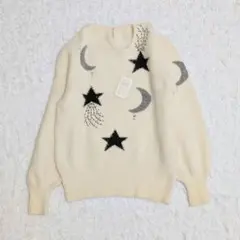 【新品/訳あり】アンゴラ混 星と月デザイン ニット 白