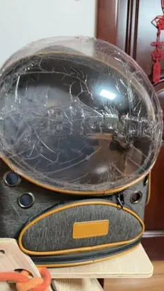 宇宙船型ペットキャリーバッグ 透明ドーム窓 リュックタイプ グレー×イエロー