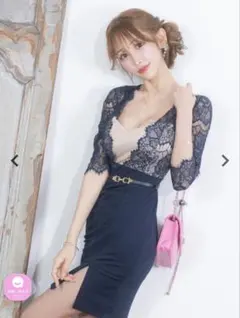 新品　袖あり 七分袖 ヌーディー エレガント レース ウエストベルト付き