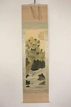 No5240 掛軸　呉竹仙史　安田篤　嵐峡画賛　絹本着色　合箱　日本画　送料無料 No5240 掛軸 呉竹仙史 安田篤 嵐峡画賛 絹本着色 合箱 日本画 送料無料
