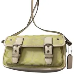 美品✨コーチ　ショルダーバッグ　ライトグリーン　ソーホー　キャンバス　フラップ