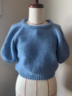 ラグランスリーブ ニットセーター 半袖　ブルー