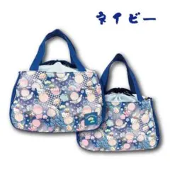新品　サンリオ　巾着付きトートバッグ　 ネイビー　キティ　マイメロ　クロミ　和柄