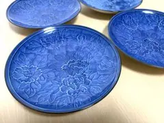 【4枚セット】有田焼 肥前哲三郎窯 青花 和皿 中皿 花柄 ブルー 和食器