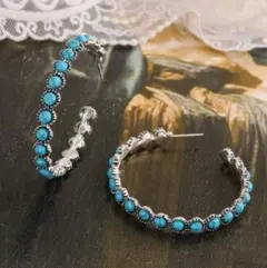 合成ターコイズ シルバー フープピアス　ピアス16　ヴィンテージ　両耳ピアス