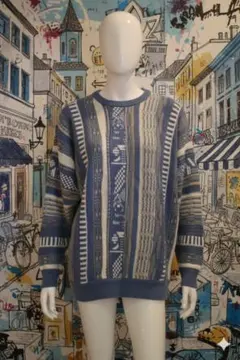 幾何学模様 ブルー系 ニットセーター