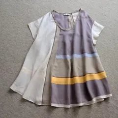 プリーツプリーズ 3 濃淡ベージュストライプ チュニック ワンピース 