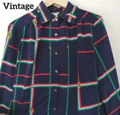 Vintage　ELLE SAISON 長袖シャツ 格子柄 ネイビー 9号のサムネイル
