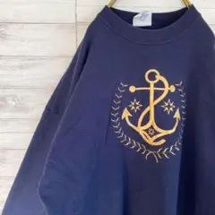 USA製　スウェット　トレーナー　刺繍　ネイビー　古着　ビッグロゴ　ゆるダボ