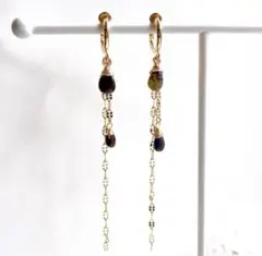 宝石質ブラックオパールのデザインチェーンイヤリング/ピアス