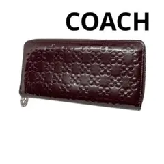 COACH 長財布 バーガンディ 花柄 エナメル ラウンドファスナー