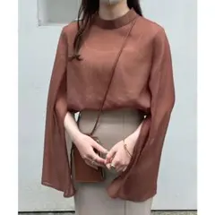 JUNOAH スリットスリーブシアーブラウス ラメ入り ハイネック S ブラウンのサムネイル