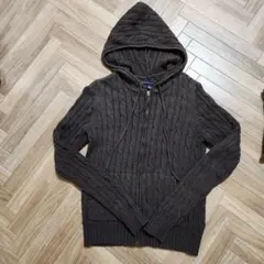 TOMMY HILFIGER ブラウン フード付きケーブルニットパーカー M
