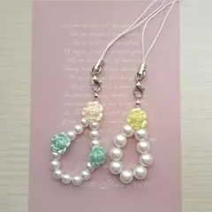手作り　ビーズ　ストラップ　２点セット　パール×フラワー