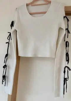 GRL リボン付きリブホワイトニット Tシャツ カットソー