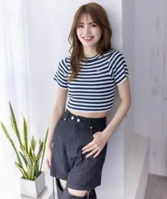clear ショート丈 半袖 トップス ボーダー レディース ネイビーのサムネイル