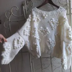 超大きいサイズアイボリーハートポンポンざっくりゆるニット