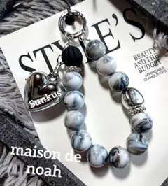 ●マーブル大理石？柄ビーズ♪ハートチャーム キーホルダー ストラップ モノトーン