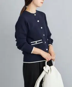 【美品】10/23締切　SHIPS コットンラインクルーネックカーディガン