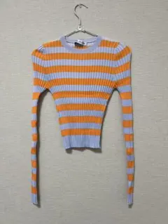 ZARA トップス サマーニット 水色 オレンジ 長袖 クロップド丈 ボーダーのサムネイル