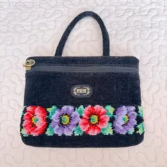 美品　FEILER 花柄刺繍 ハンドバッグ 中型 黒