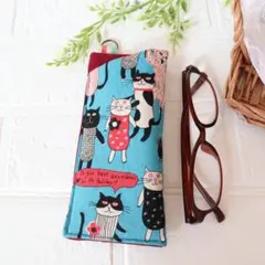 [猫柄M・ブルー]メガネケース ハンドメイド