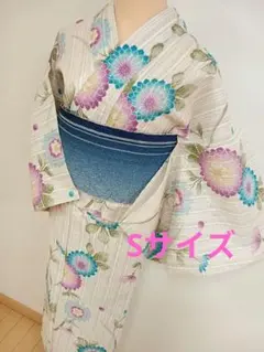 未使用品 綿 化繊 浴衣 夏物 156.5 裄66花 青 白 水色 個性的 牡丹
