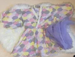 キッズ浴衣カラフル花柄ドレスと紫帯レースリボン付き