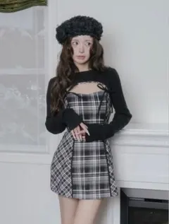 darich ダーリッチ ニットボレロダブルチェックミニワンピース ブラック