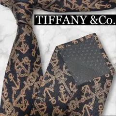 【美品】TIFFANYティファニー　ネイビー　碇柄　総柄　シルクネクタイ