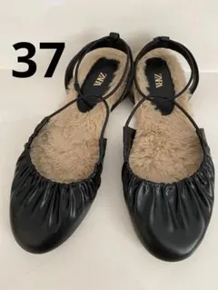 美品 ZARAレザー バレーシューズ フラット ファー 37