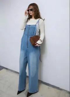 DouDou デニムオールインワン サロペット ワイドレッグ フリーサイズ