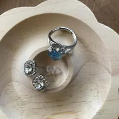 アクアマリンさざれ石リングとダイヤモンドピアスのセット