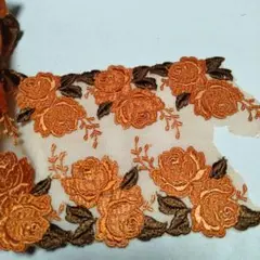 オレンジ 花柄 刺繍レースリボン 約12cm幅