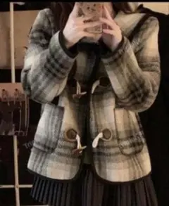 チェック　ダッフルコート　アウター