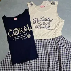 チェック柄切り替えタンクトップワンピース&裾スカラップデザインTシャツセット