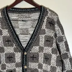 柄ニットカーディガンヴィンテージチェックウールレトログレー系古着【一点モノ】