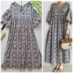 ロングワンピース　エスニック模様　Vネック フレア袖　バルーン袖　体型カバー