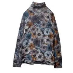 ハイネック　長袖　裏起毛　暖かい　花総柄　トップス