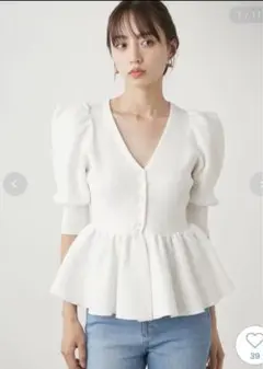◆SNIDEL◆ノーカラー ペプラム パフ袖 ニット カーディガン F